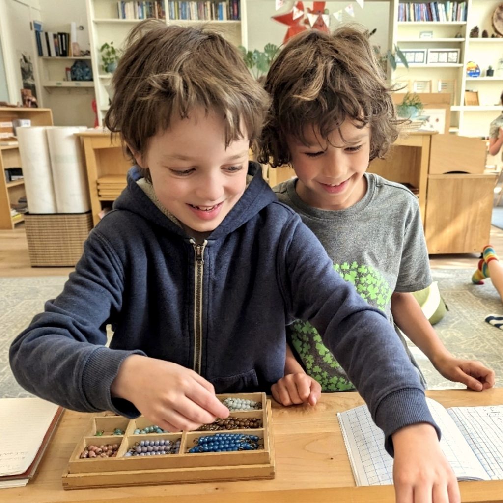 Two elementary students do dynamic multiplication with BIG numbers using the Montessori checkerboard material
