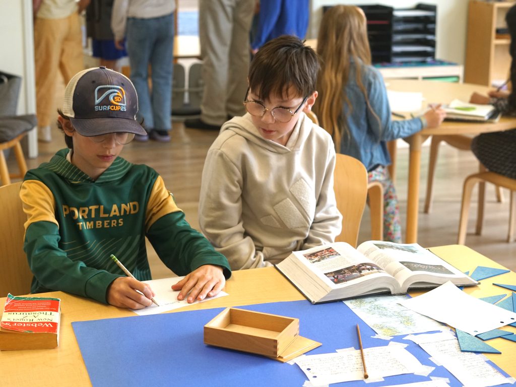 two students sit at a wooden table surrounded by research papers, books and a dictionary as they collaborate on a research project