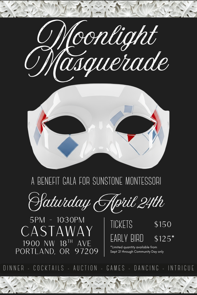 poster of a masquerade mask with details about Sunstone Montessori's annual gala